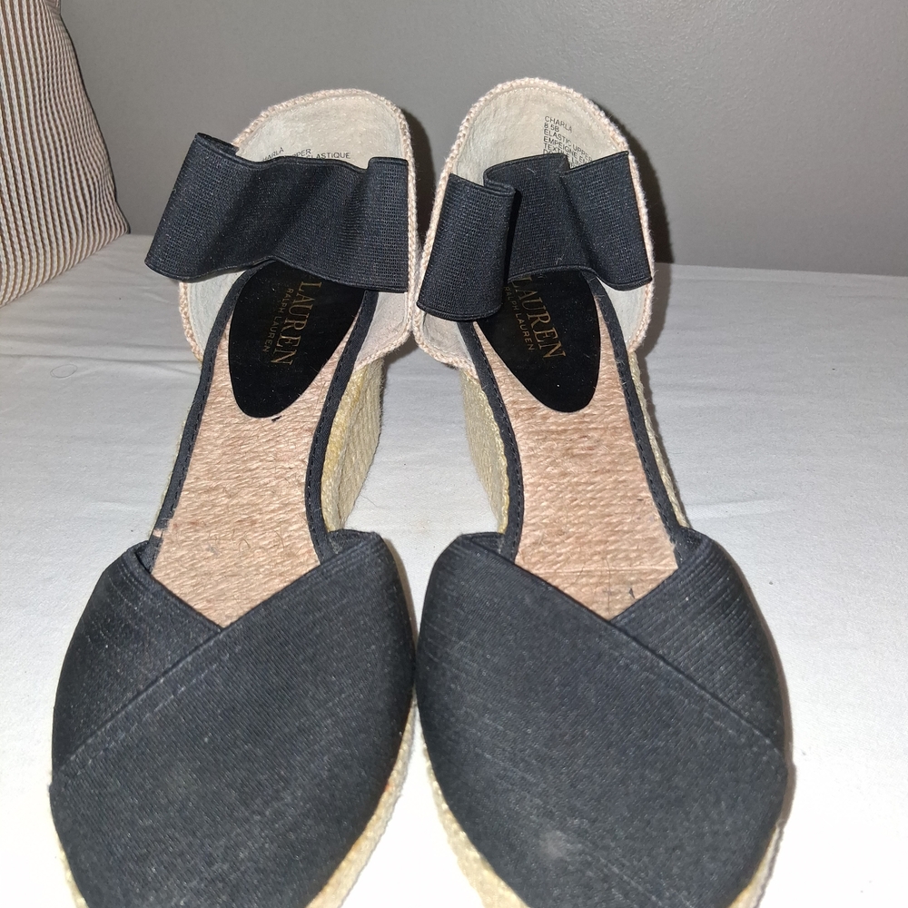 Lauren Ralph Lauren Black Espadrille Wedges with Bow Ankle Strap